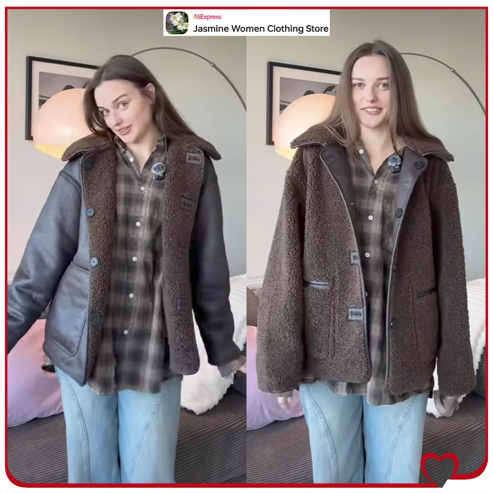 

Новое винтажное двустороннее двустороннее пальто для женщин, зимняя коричневая верхняя одежда из искусственной замши и овчины с воротником с лацканами