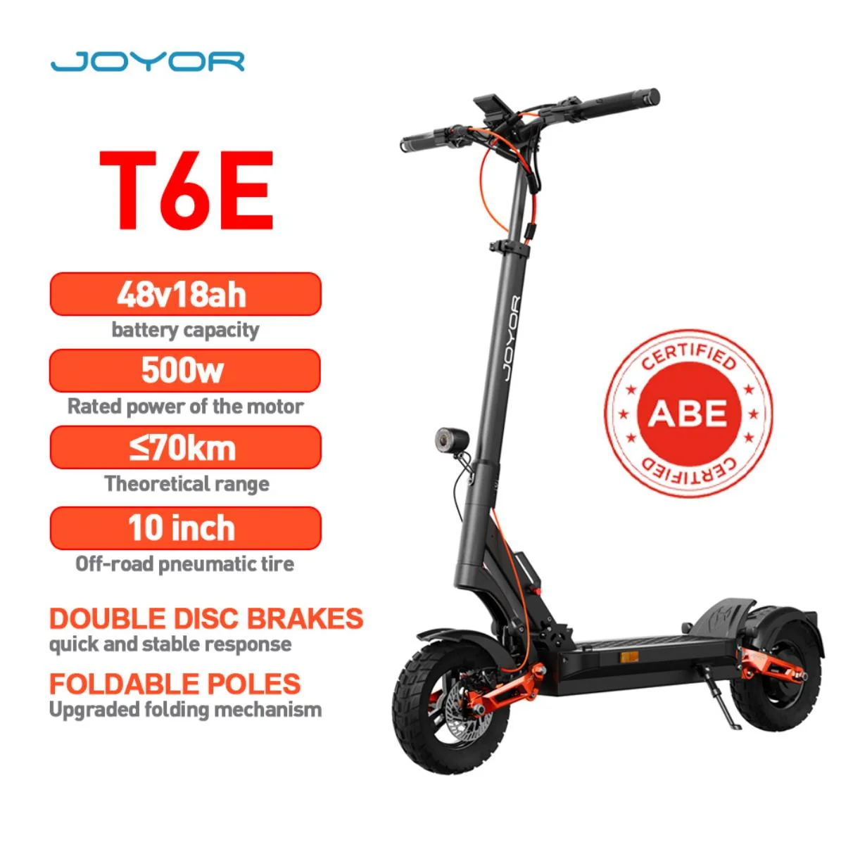 JOYOR T6E/T6E PRO ABE Elektrische Scooters voor Volwassenen, 500W Motor, 90km Bereik, 48V 26AH Batterij, 10 inch Off-Road Banden, 20km/u Snelheid, Max. Belasting 140 kg, Meerkleurig LCD Display,