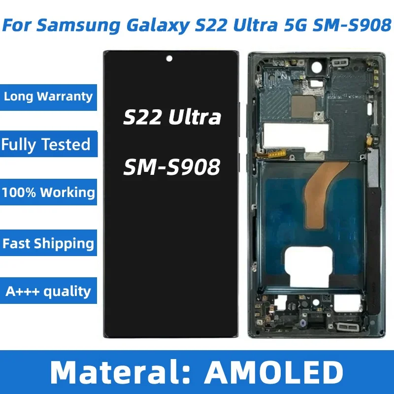 Super AMOLED 5G S22 Ultra S908 LCD For Samsung Galaxy S22/S22Plus 5G Display Touch Screen Digitizer S22 S901 S22+S906 With Frame