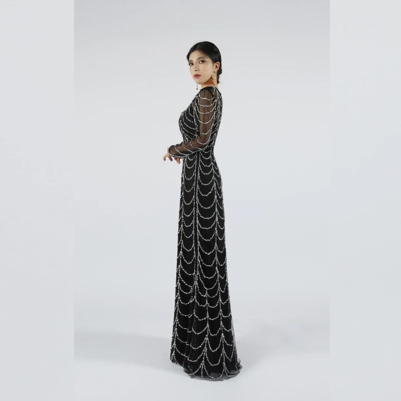 Baisha Light luxury  evening dress long sleeve round neck net gauze beaded slim long European American evening dress C1