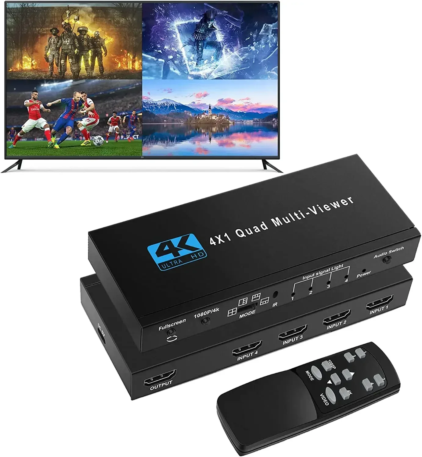 4K HDMI Quad Multi-Viewer 1080P Multiviewer Seamless Switcher 4 In 1 Out splitter with Remote for Camera PC PS4 to HDTV