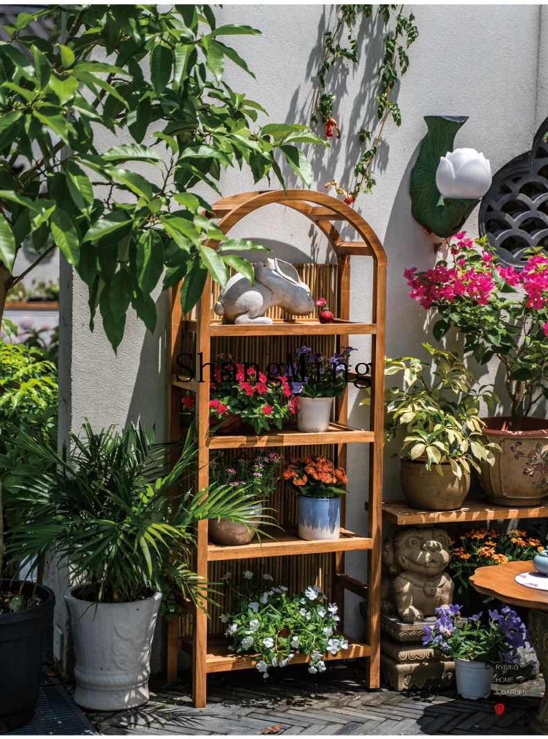 CL Chinese-style courtyard teak rock slab outdoor solid wood flower stand outdoor garden balcony succulent bonsai shelf