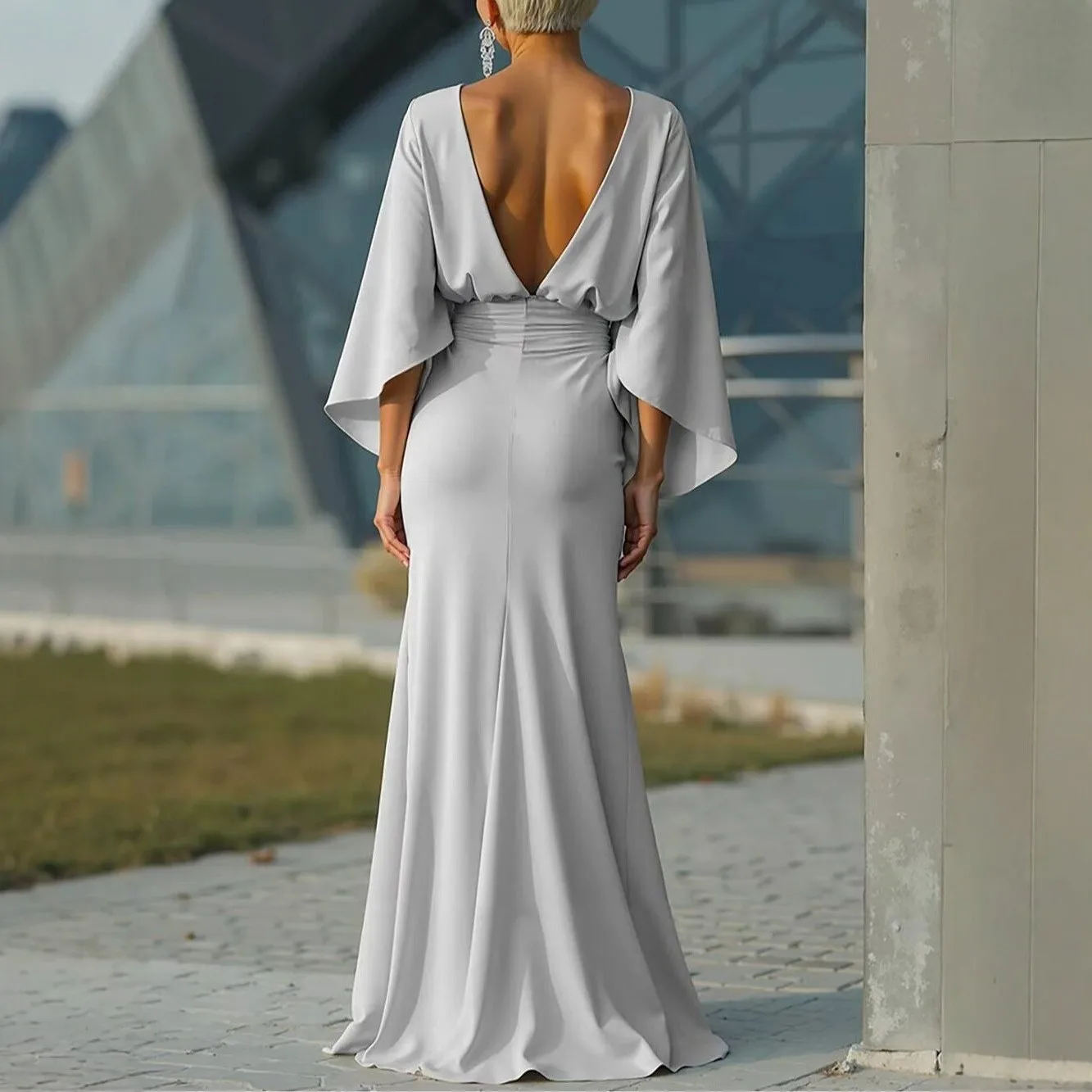 Slim Fit Ruched Dress Loose Fit Private Celebrity Style with Elegant Long Dress No Button Closure Round Neck Spring for Women