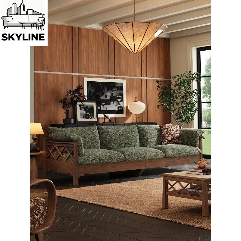 Medieval New Song Style Modern 3-Seater Straight Fabric Sofa with Solid Wood Frame for Living Room