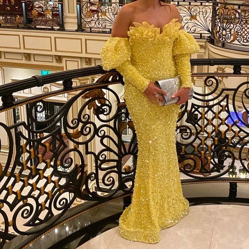 

Sparkly Yellow Evening Dresses Formal Long Sleeve Sequined Mermaid Chic Strapless Sweep Train Special Event Prom Dress Vestidos