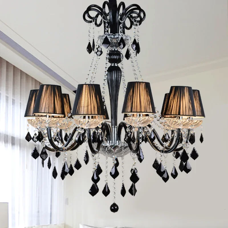 

Black Crystal Chandelier European Retro Church Long Chandelier Villa Home with Lampshade White Decorative Lighting