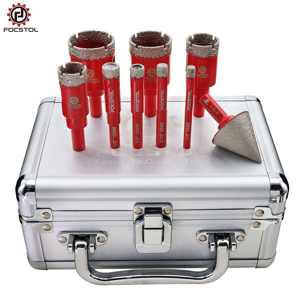 

FOCSTOL Алмазная кольцевая пила, сверла, 9 шт., паяные сверла с круглым хвостовиком для плитки, гранита, мрамора, алмазные сверла