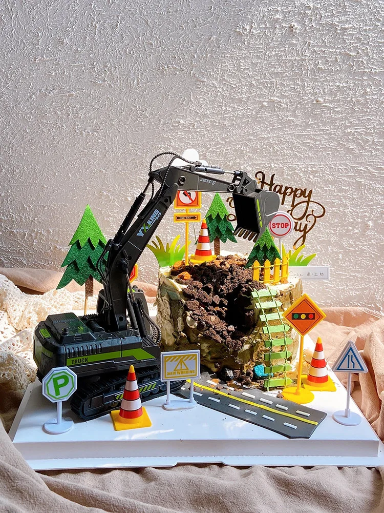 Big Engineering Vehicle Cake Decor Digging Machine Cake Toppers Crane Happy Birthday Party Decor Kids Boys Birthday Toys Gifts