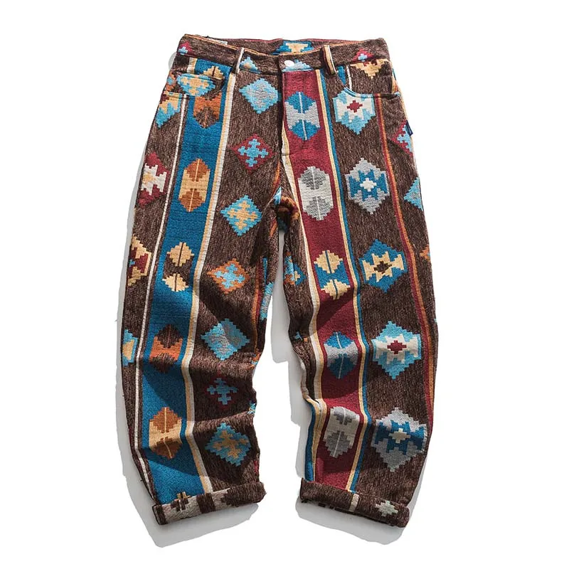 Hip Hop National Style Printed Pants Spring Autumn Straight Trousers For Male Vintage