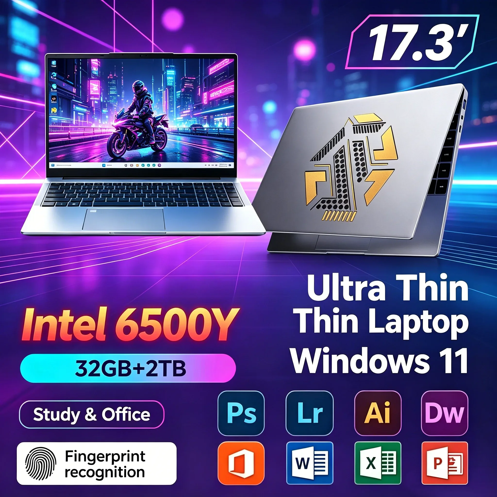 17.3'' Big HD Display Daily Use Laptop Intel 6500Y 32GB RAM 1TB 2TB SSD Windows11 WiFi6 BT5.2 Light Portable Office Notebook PC