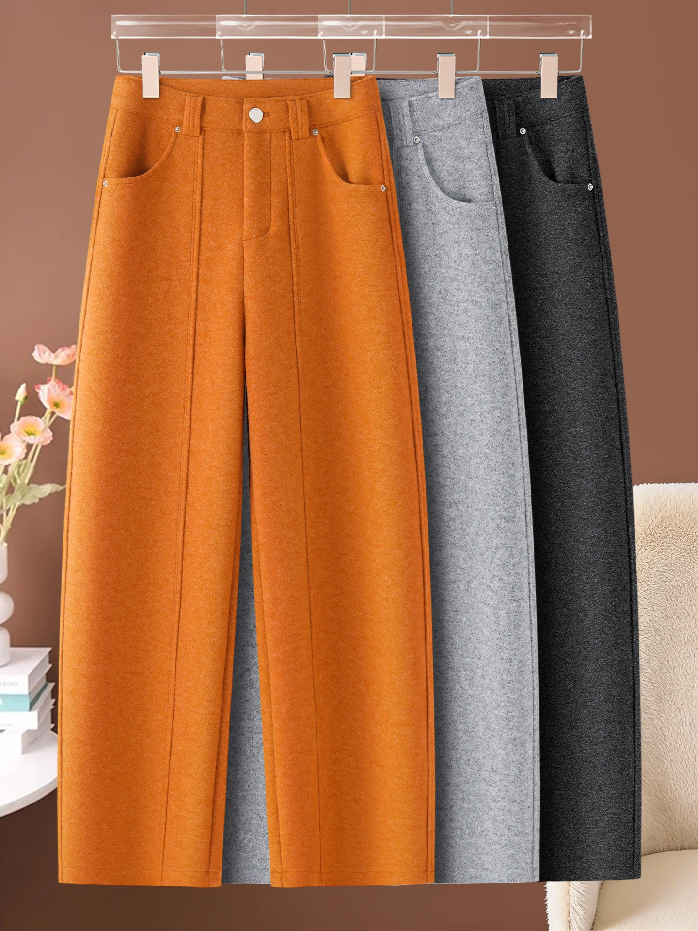 

High Waist Thickened Woolen Wide Leg Scythe Pants Women's Autumn Winter Casual Straight Cut Pants Slimming Effect