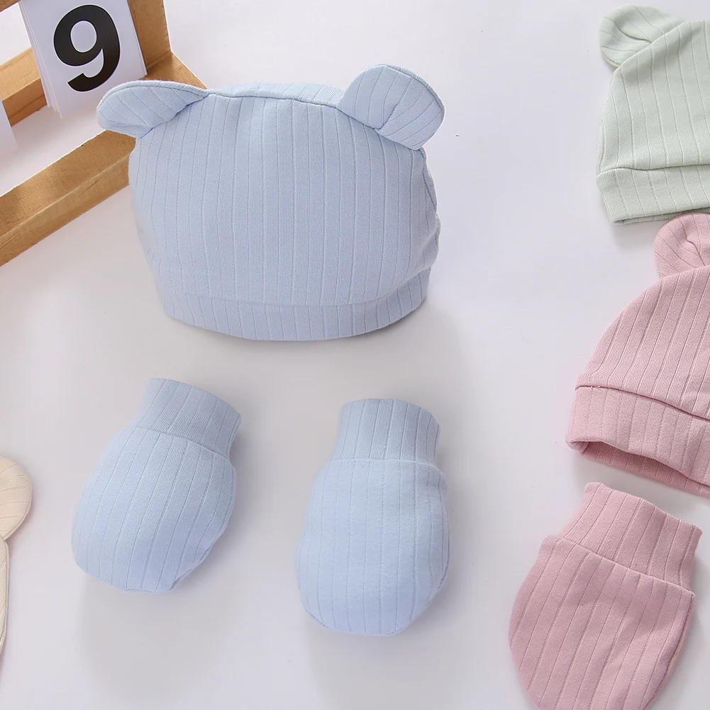 3Pcs/Set Cute Cotton Baby Hats Newborn Bonnet Gloves Mittens Beanies Bear Ear Shape Gift Photo Props Infant 0-3M Clothing