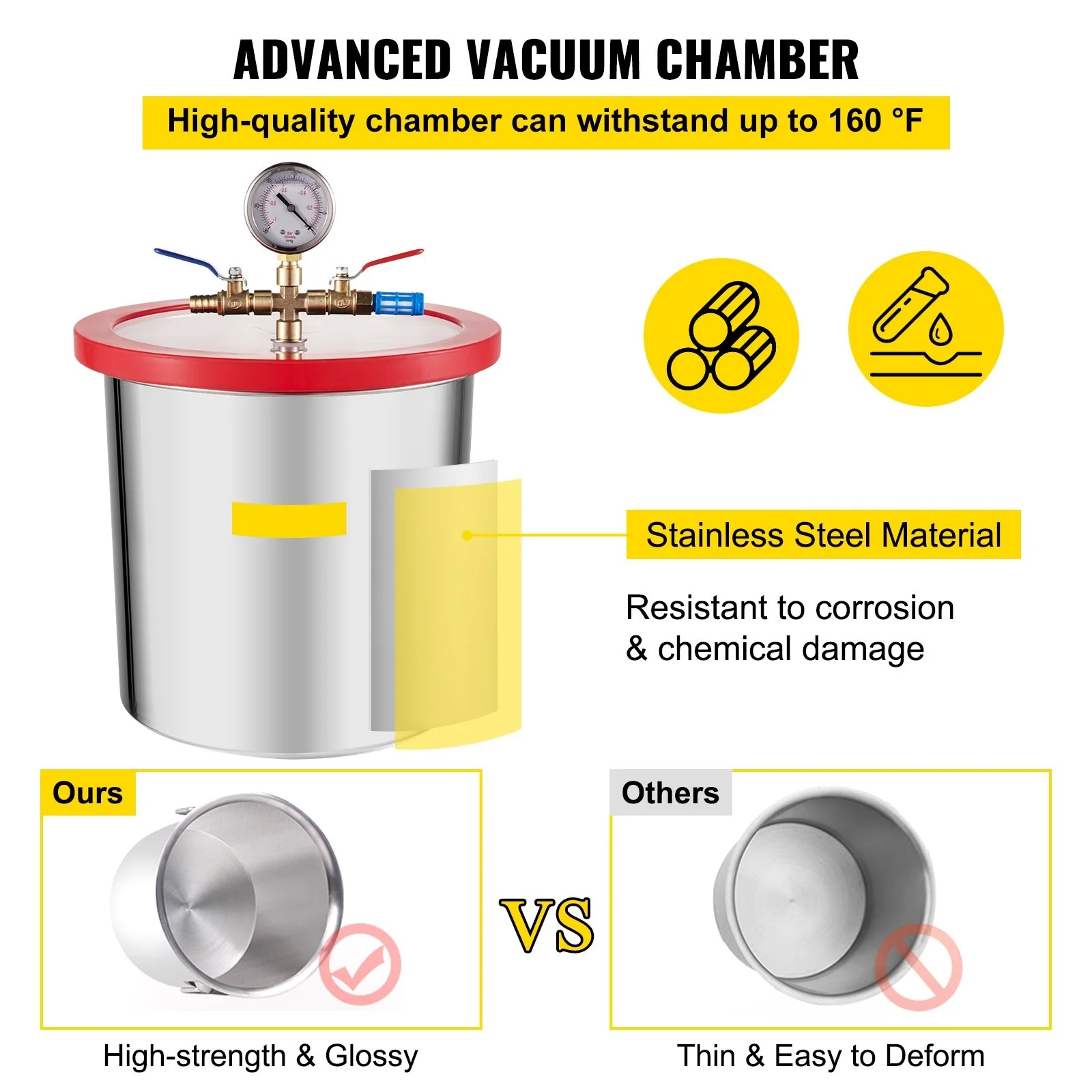 Vacuum Chamber 3 Gallon Vacuum Degassing Chamber Glass Lid Stainless Steel Degassing Chamber 12L Silicones Vacuum Chamber