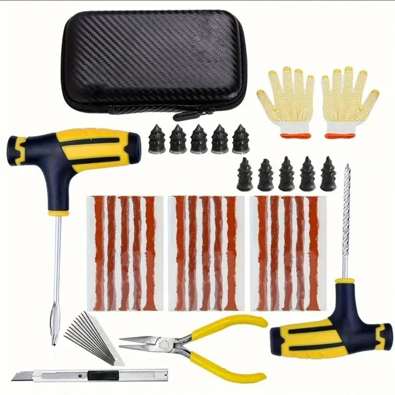 Emergency Tubeless Tire Repair Kit, Heavy-Duty Plug Set with T-Handle, Mushroom Plugs & Valve Cores for Car Motorcycle E-bike