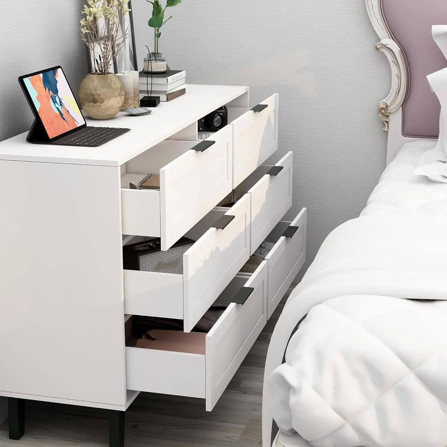 Cómoda de 6 cajones para dormitorio Cómoda blanca moderna para guardería Cómoda de madera para niños Cómodas horizontales y cómoda de Dra