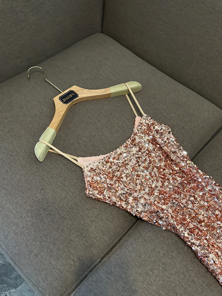 Złota cekinowa seksowna suknia wieczorowa na ramiączkach, lekka luksusowa, z wysokim stanem, z jedwabną nitką, na wiosnę, jesień i zimę, damska...