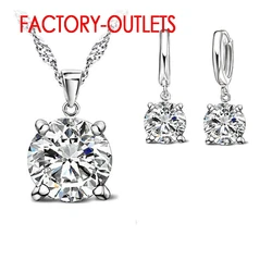 Genuine 925 Sterling Silver Jewelry Set 4 Claws Cubic Zirconia CZ Pendant Necklace Earring Fashion Women Jewelry Set For Wedding
