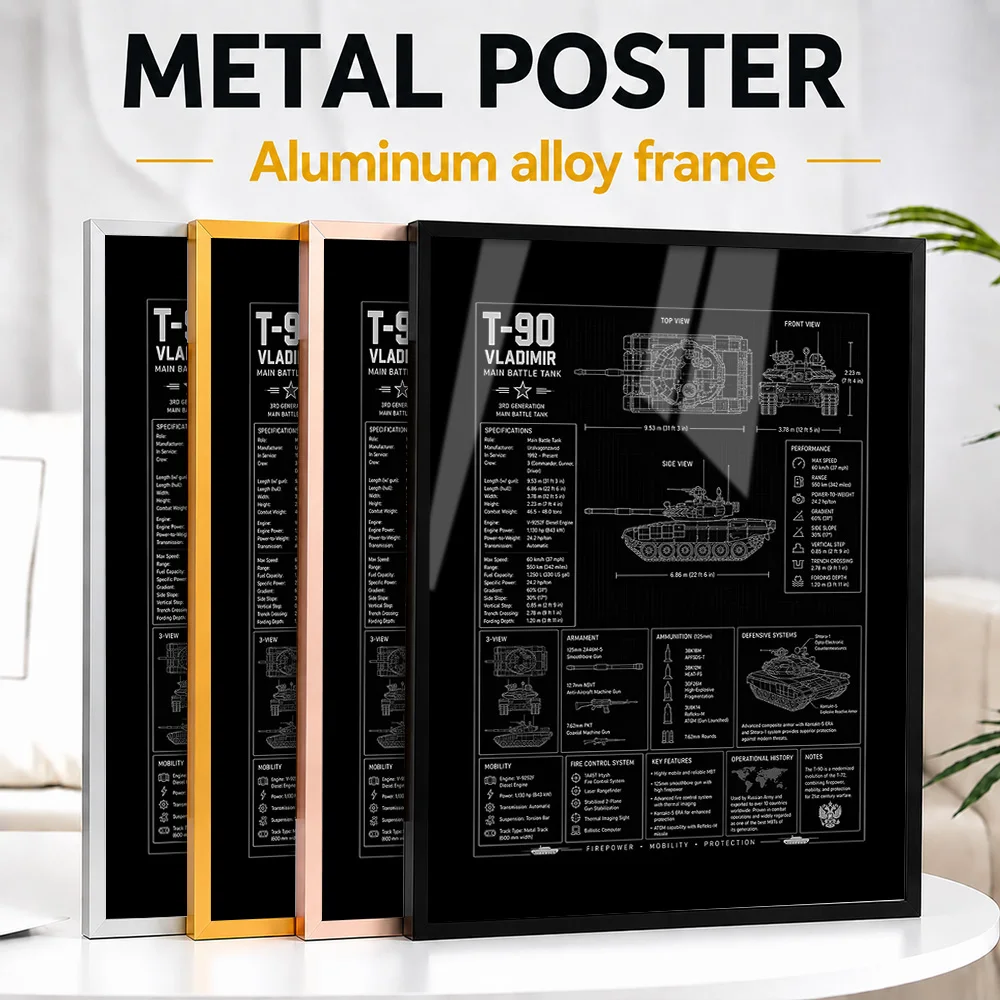 T-90 Vladimir Tank Blueprint Metal Poster With Aluminum Alloy Frame Personalized Photo Drafting Style Wall Art For Home Office