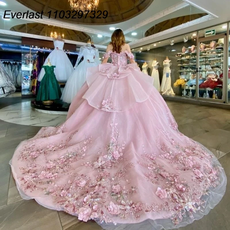 EVLAST abito Quinceanera rosa abito da ballo 3D Applique floreale perline corsetto manica staccabile dolce 16 Vestido De 15 Anos TQD600