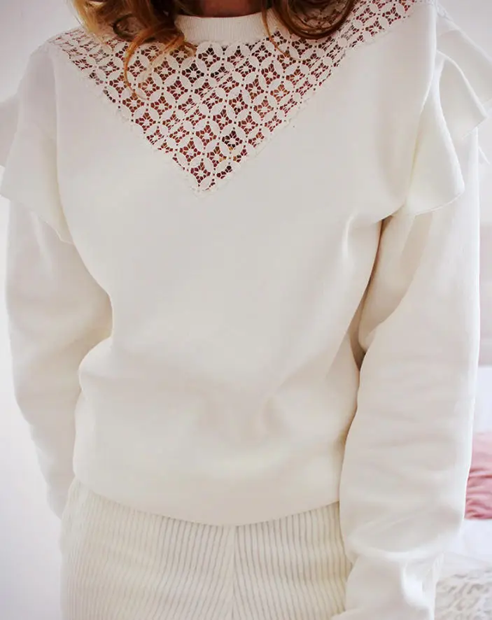 

Contrast Lace Ruffles Long Sleeve Sweatshirt Casual Loose Fit Hollow-Out Top Women's Fashion Comfortable Breathable Clothing