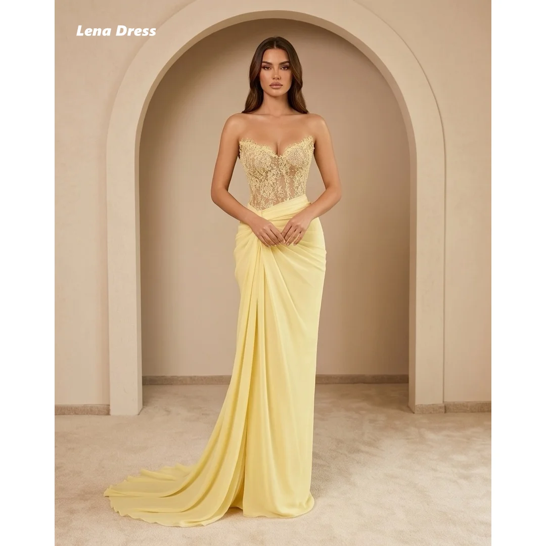 

Lena Customized Elegant Evening Dresses for Woman Luxury Women's Evening Dresses for Special Occasions Yellow Embroidered Lace