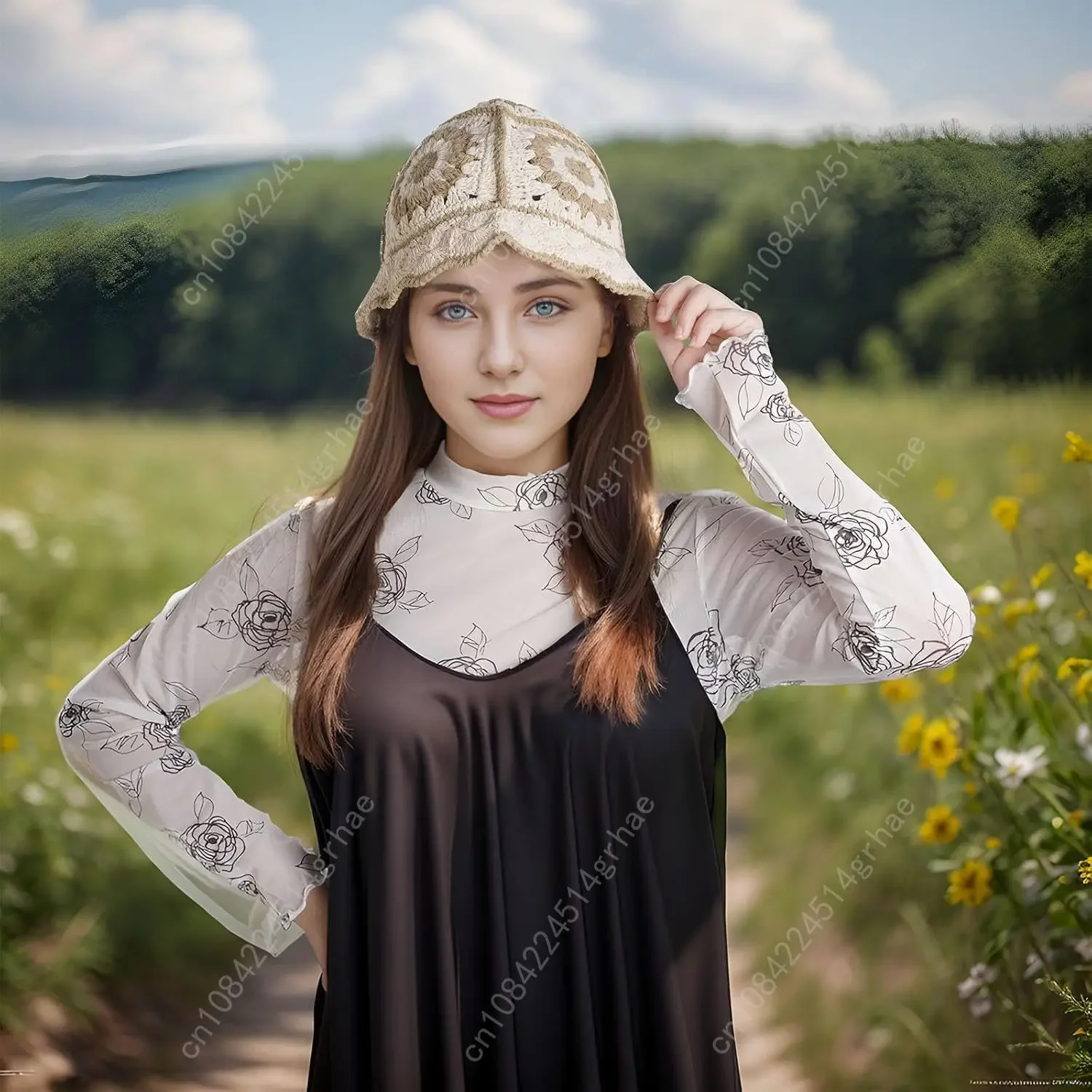 قبعة دلو كروشيه للنساء، قبعة دلو محبوكة على شكل زهور للنساء السود، أزياء خارجية #5