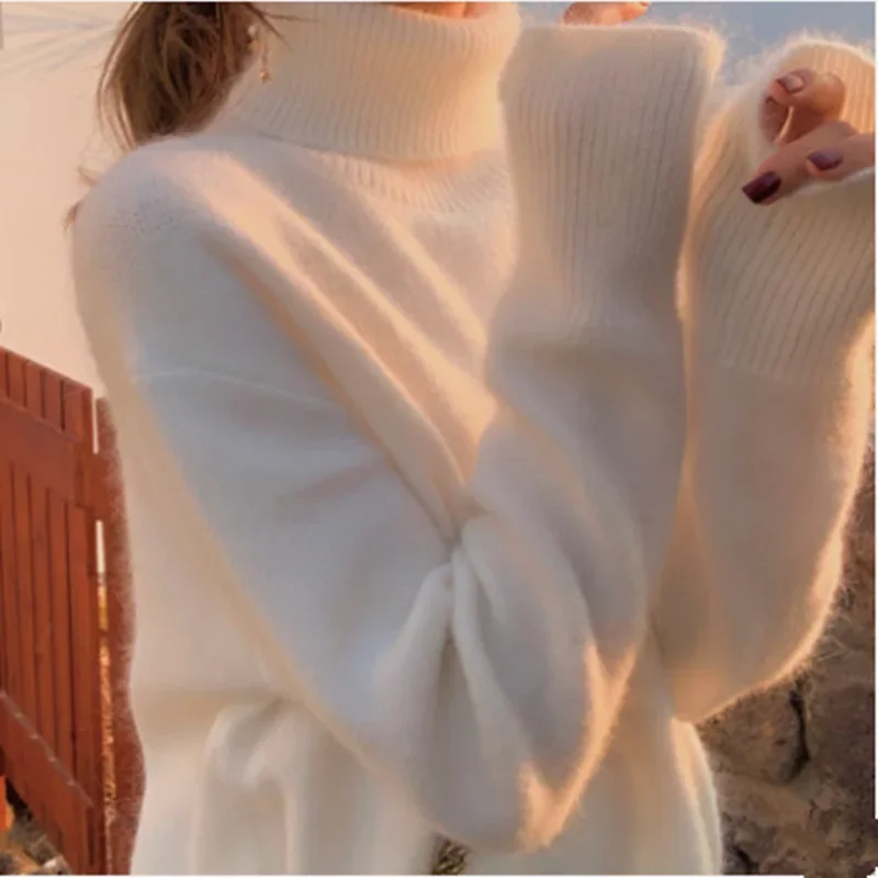 2024 NEW Women Winter Turtleneck Long Sleeve Knitted Sweater Women Loose Big Size White Fluffy Pullover Angora Soft Sweater