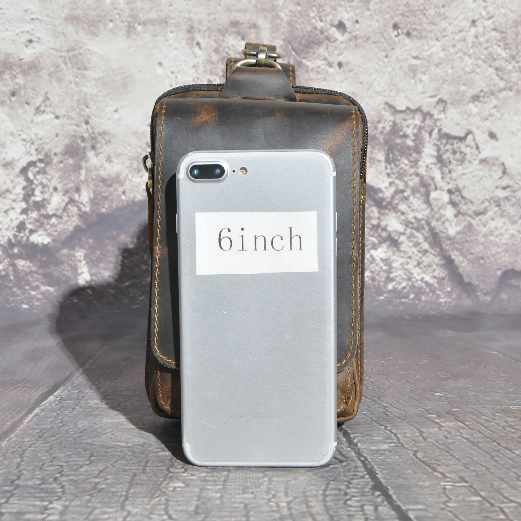 Bolsa de Cintura Masculina de Couro para Celular e Câmera, com Gancho, em Couro Crazy Horse, 6 Polegadas, Modelo 609