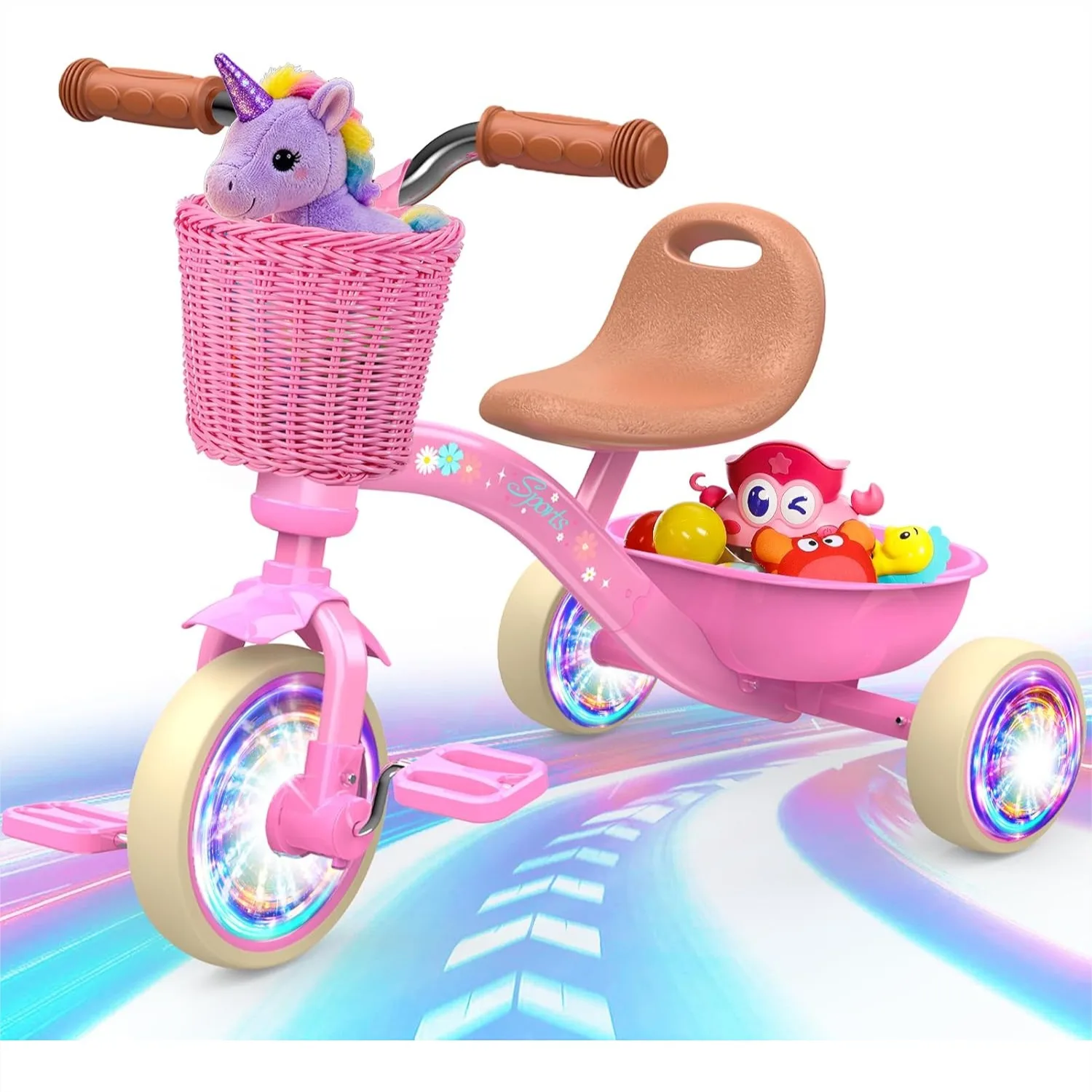 

Toddler Tricycle for 1-3 3-5 Year Olds, 4-Level Adjustable Seat, Light-Up Wheels, 2 Baskets, Pink