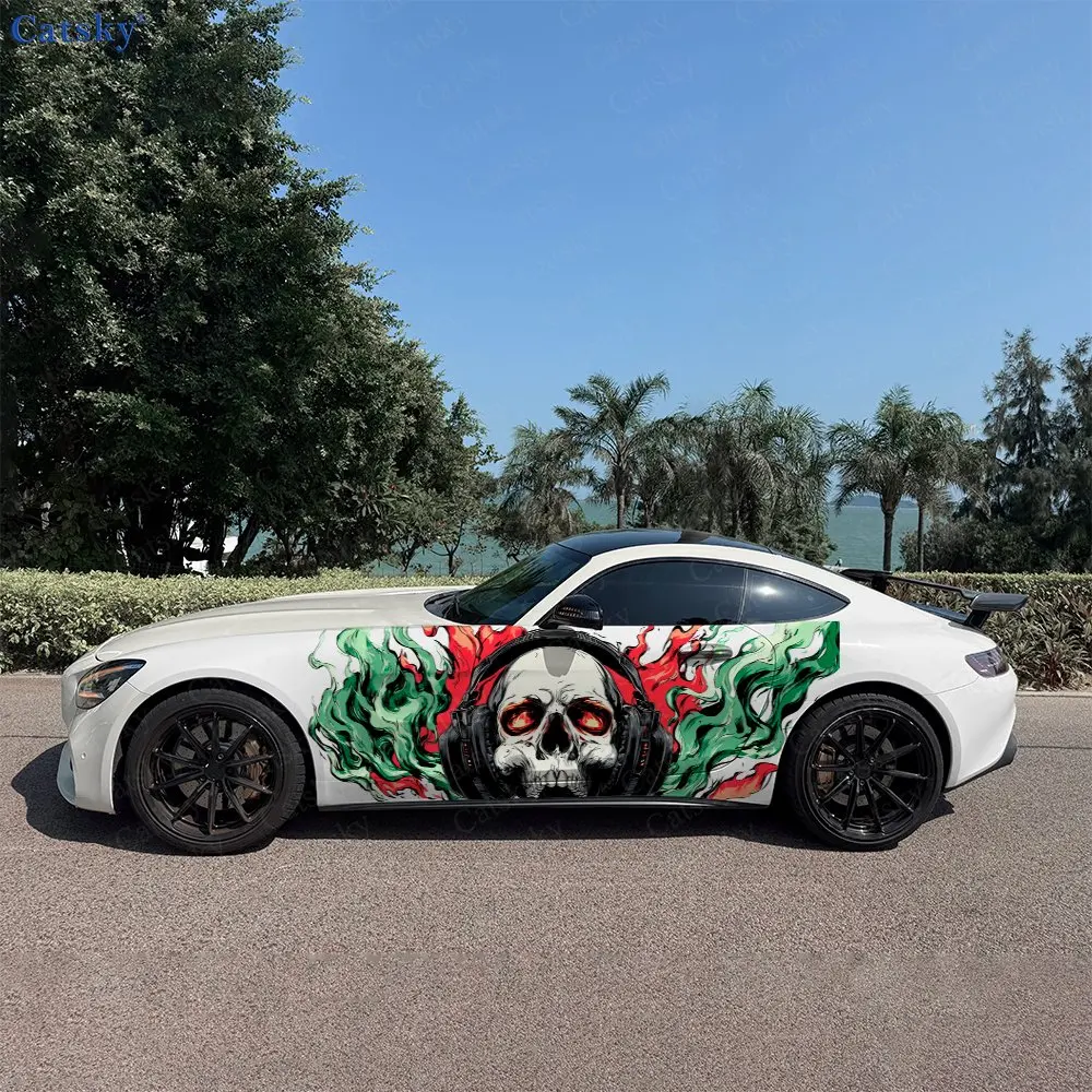 

2pcs Flame Hood Skull Sticker, Durable, Fade-resistant, Enhance The Beauty Of Your Vehicle Bold Art Design Car Vinyl Wrap