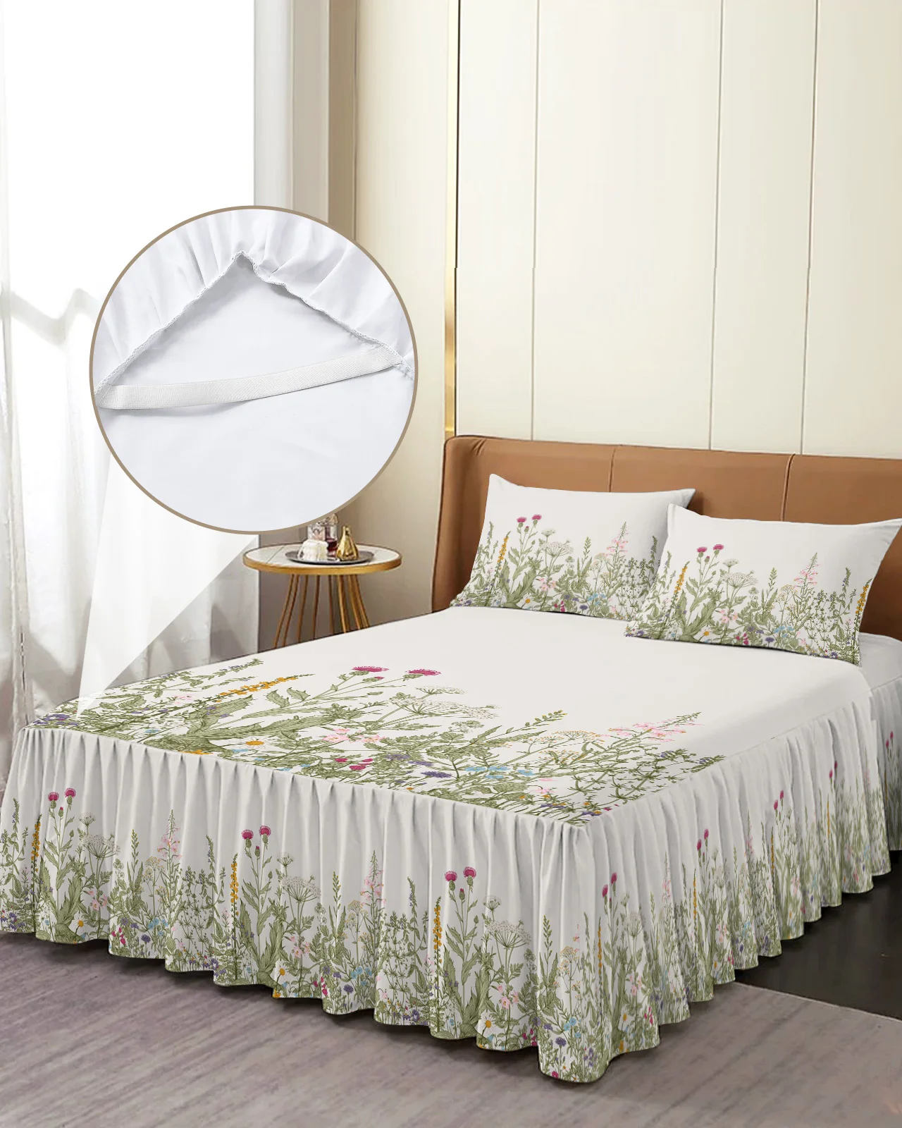 Vintage Herb Plant Flower Bed Skirt Elastic Fitted Bedspread With Pillowcases Bed Protector Mattress Cover Bedding Set Bed Sheet