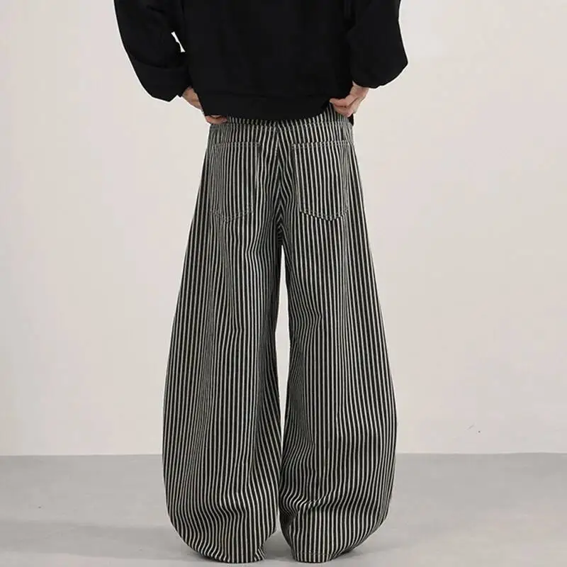 IEFB الخريف سراويل تقليدية رجالية شريط عمودي واسعة الساق جيب التباين اللون الرجالي فضفاض خمر سكين منحني أسفل 9W4187