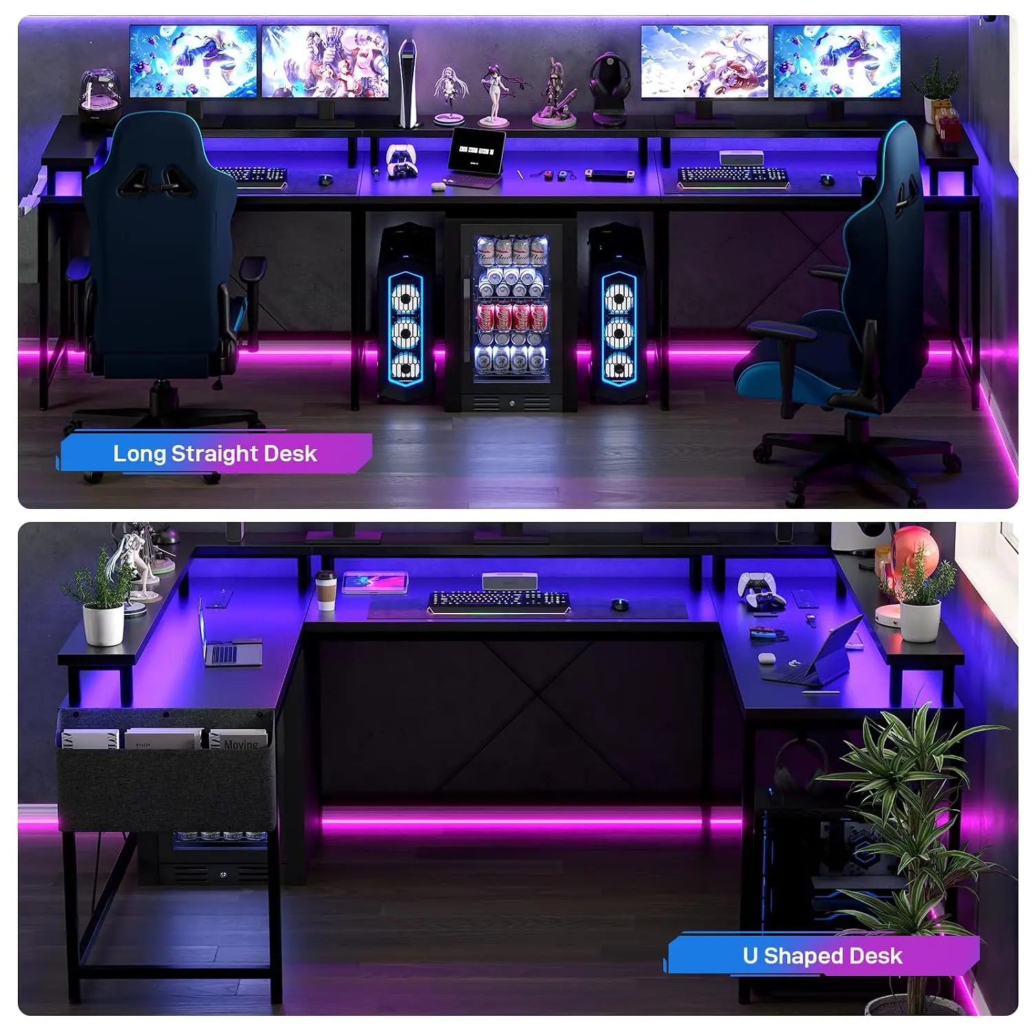 U Shaped Gaming Desk 79 Inch Reversible Corner Desk with Power Outlet LED Strip Monitor Stand Storage Bag Office, Customized