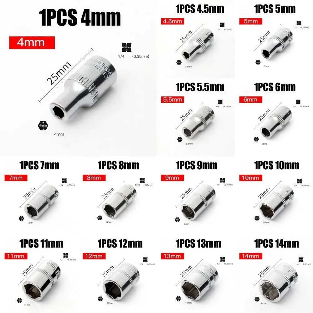 1 buah 4-14mm soket pendek Hex, soket Drive lengan kunci metrik tahan lama untuk kunci pas torsi roda bergigi