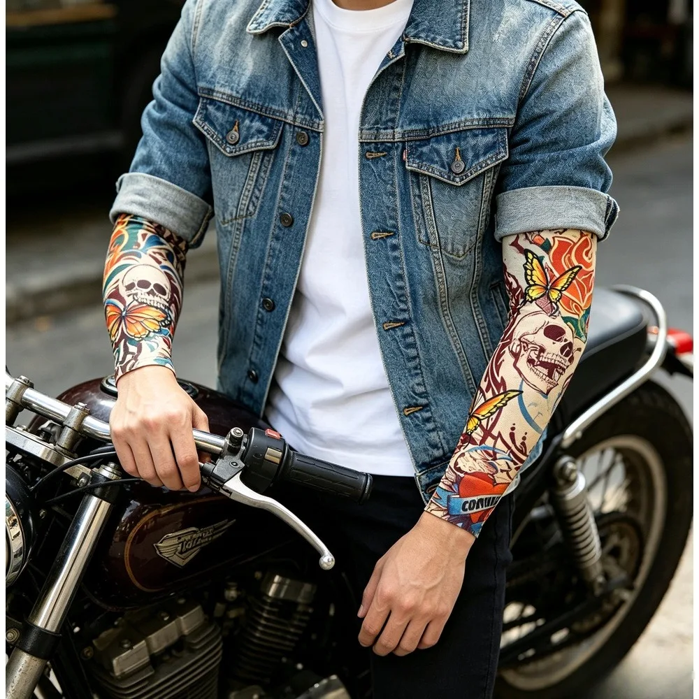 Fake Tattoo Arm Sleeves, Stretch Printed Sun Protection Arm Covers, Cool Simulation Tattoo Sleeves for Men Women Daily Wear, 2 Pcs, Random Patterns