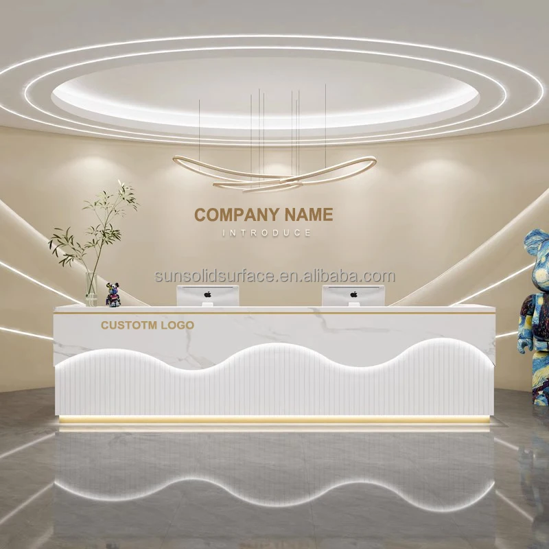

Fashion Design Modern Marble White Reception Counter Desks Stainless Office Front Desk Wooden Spa Beauty Salon Reception Desk