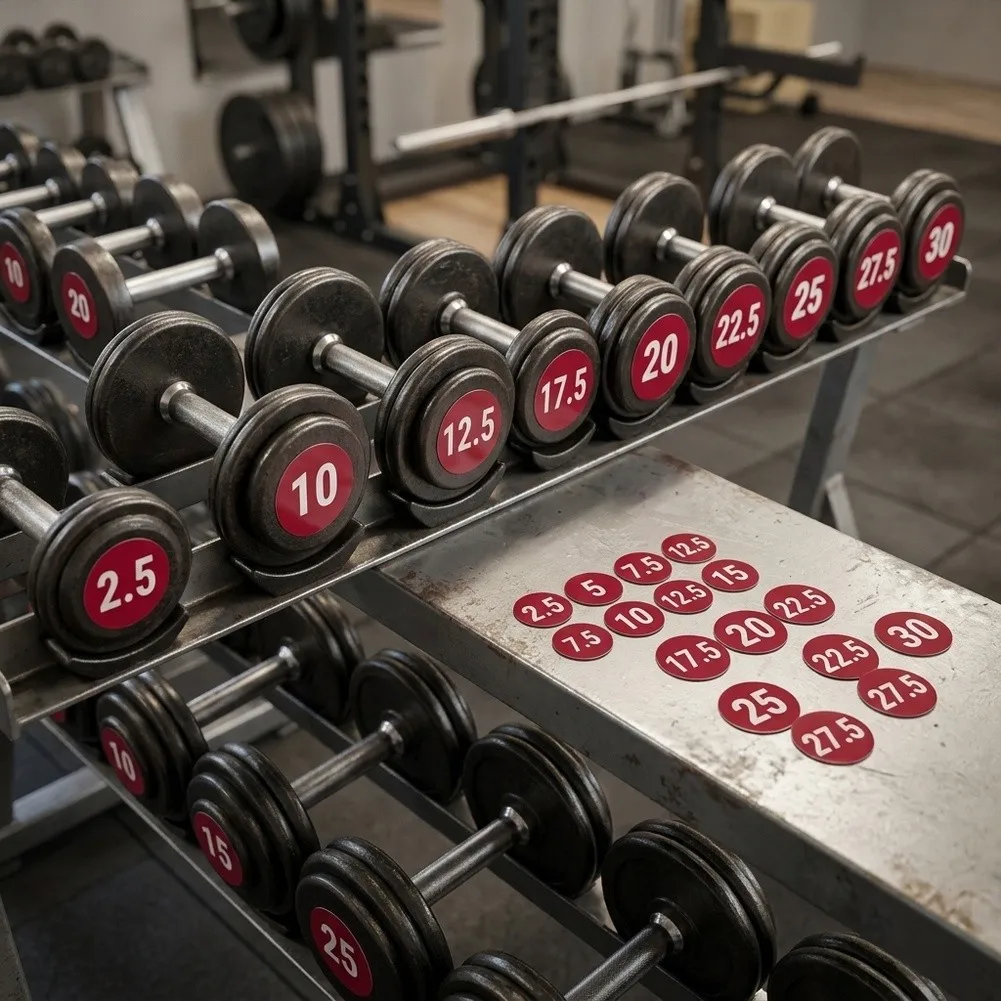 Dumbbell Weight Rack Labels for Acrylic Surfaces 24pcs 3cm Diameter 0.2cm Thick Red Black Yellow Waterproof Stickers 5kg to 30kg