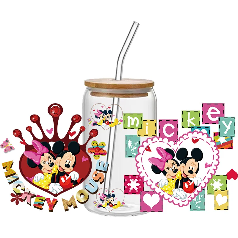 Disney Mickey Cute animated stickers UV 3D transfer printing adhesive 16oz glass cup Multiple mixed batch customization Crystal