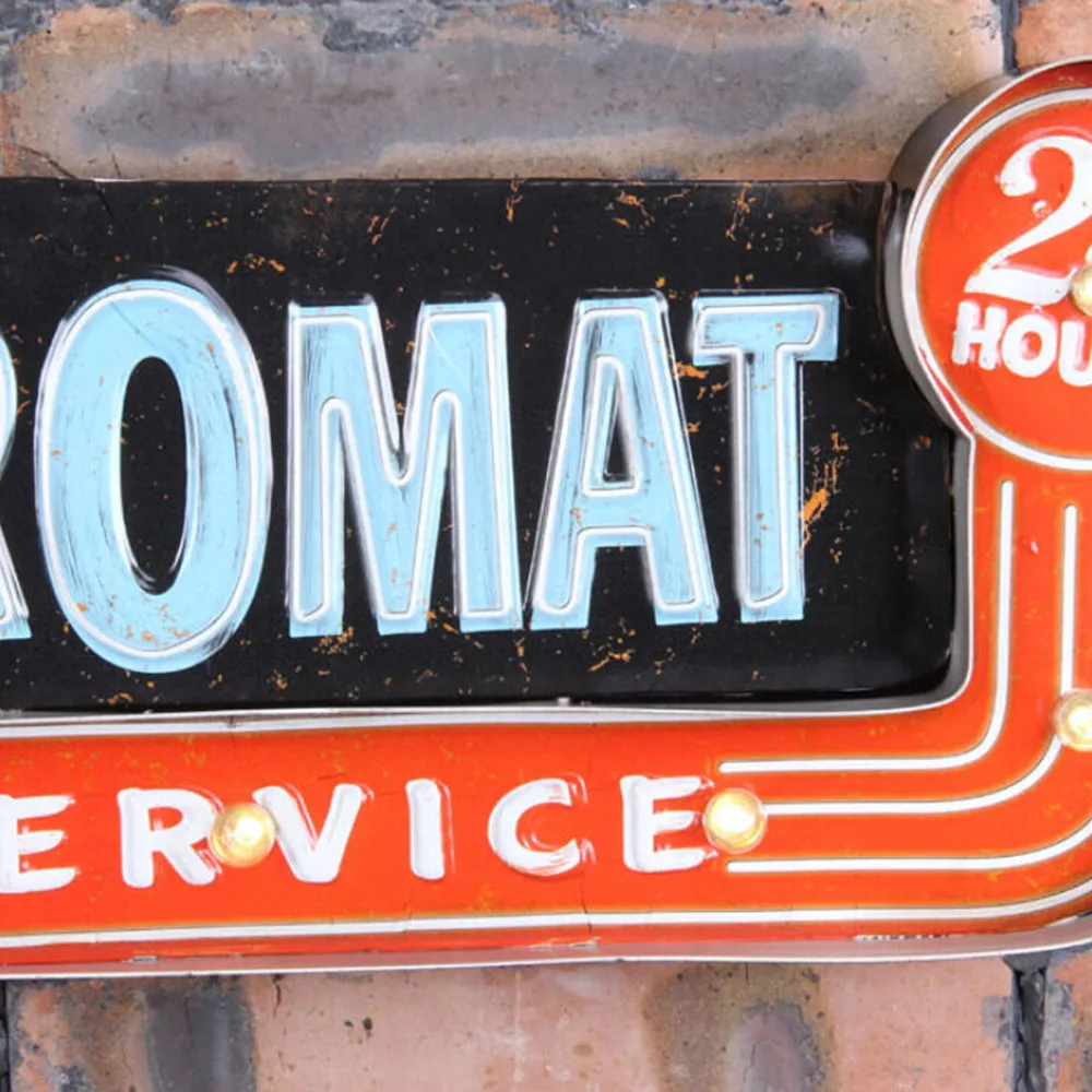 Vintage LED Light Metal Hanging Sign LAUNDROMAT Laundry Shop Art Wall Decoration Wrought Iron Wall Decoration Store Signs