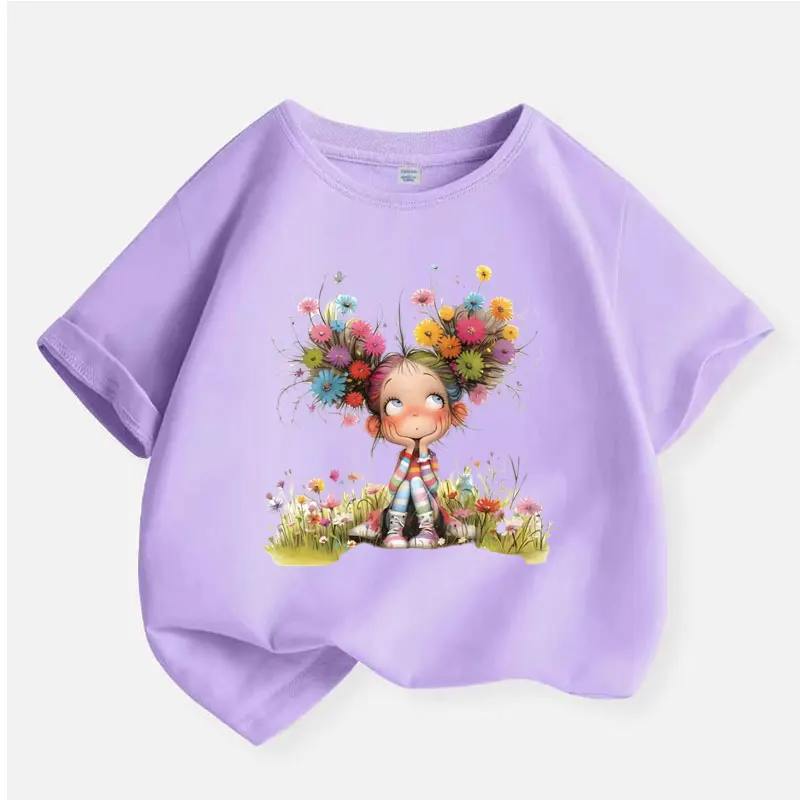 

Модные топы Y2K с цветочным принтом для девочек, футболка для маленьких девочек, цветные хлопковые детские топы, футболка, летняя футболка, одежда 6, 8, 10, 12 лет