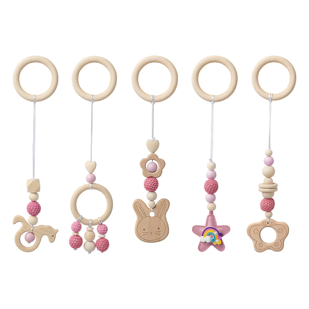 5Pcs Baby Wooden Gym Pendant Set Pink Wooden Bunny Butterfly Kids Gym Frame Stroller Hanging Pendant Decoration for Crib Pram