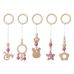 5Pcs Baby Wooden Gym Pendant Set Pink Wooden Bunny Butterfly Kids Gym Frame Stroller Hanging Pendant Decoration for Crib Pram