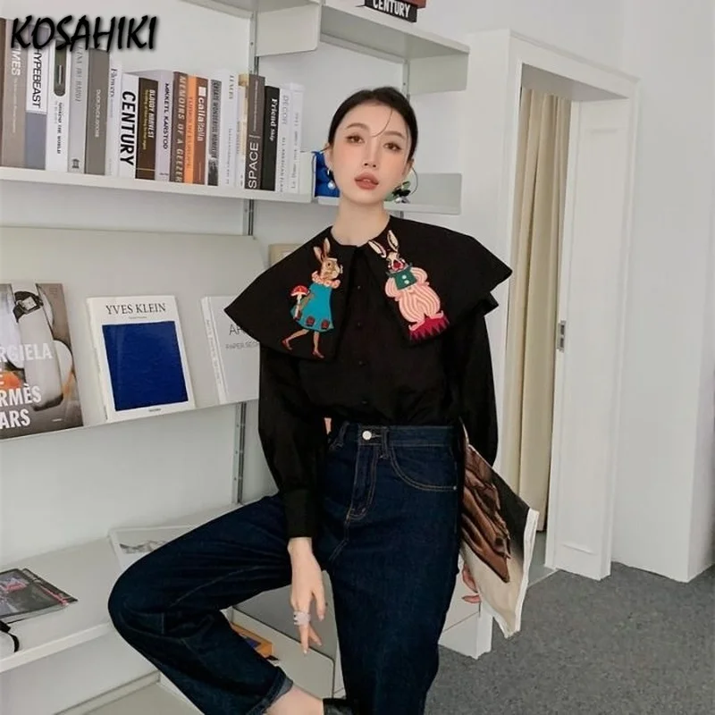 KOSAHIKI Vintage Cartoon Rabbit Embroidery Japanese Style Blouse Women Casual Loose Black Shirts 2024 Spring New Cute Blusas