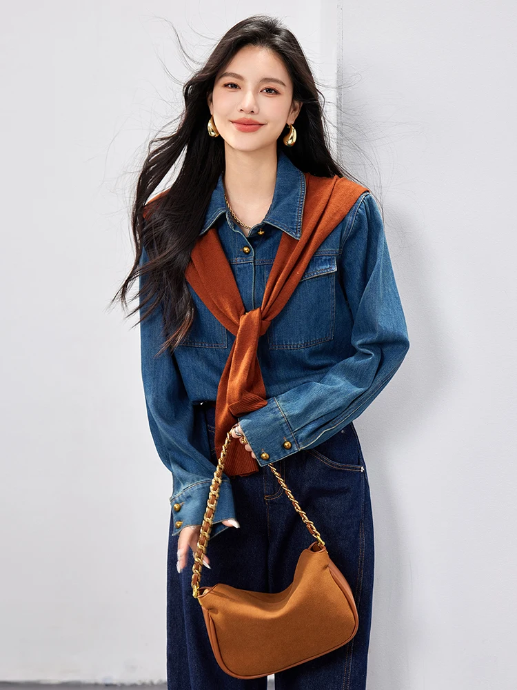 Korean Style Casual Loose Retro Long-Sleeved Denim Shirt Women 2024 New Simple Fashion Commuter Denim Coat Tops