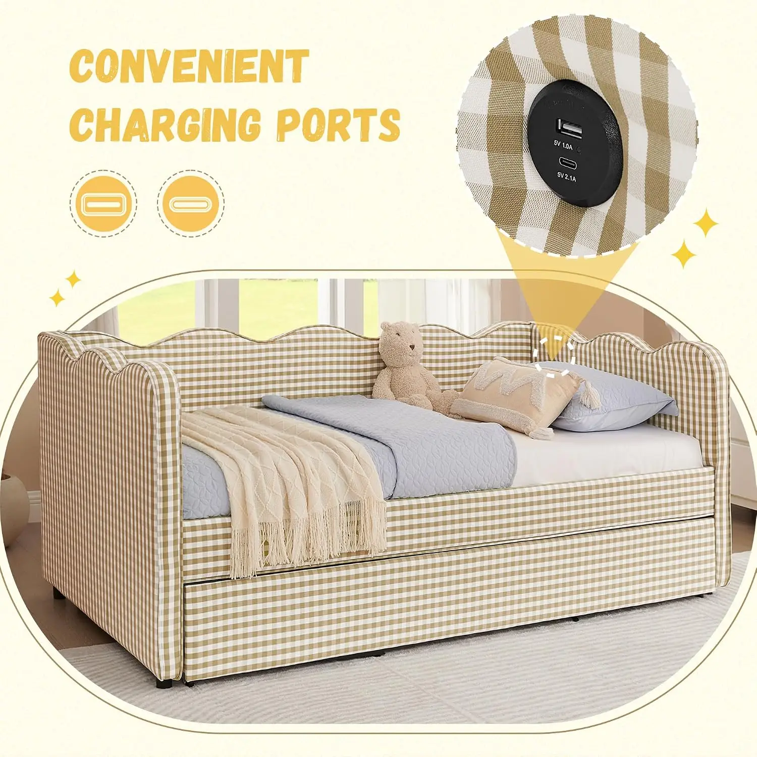 Gingham Daybed with Trundle & USB Ports Twin Size Brown, Customized image 4