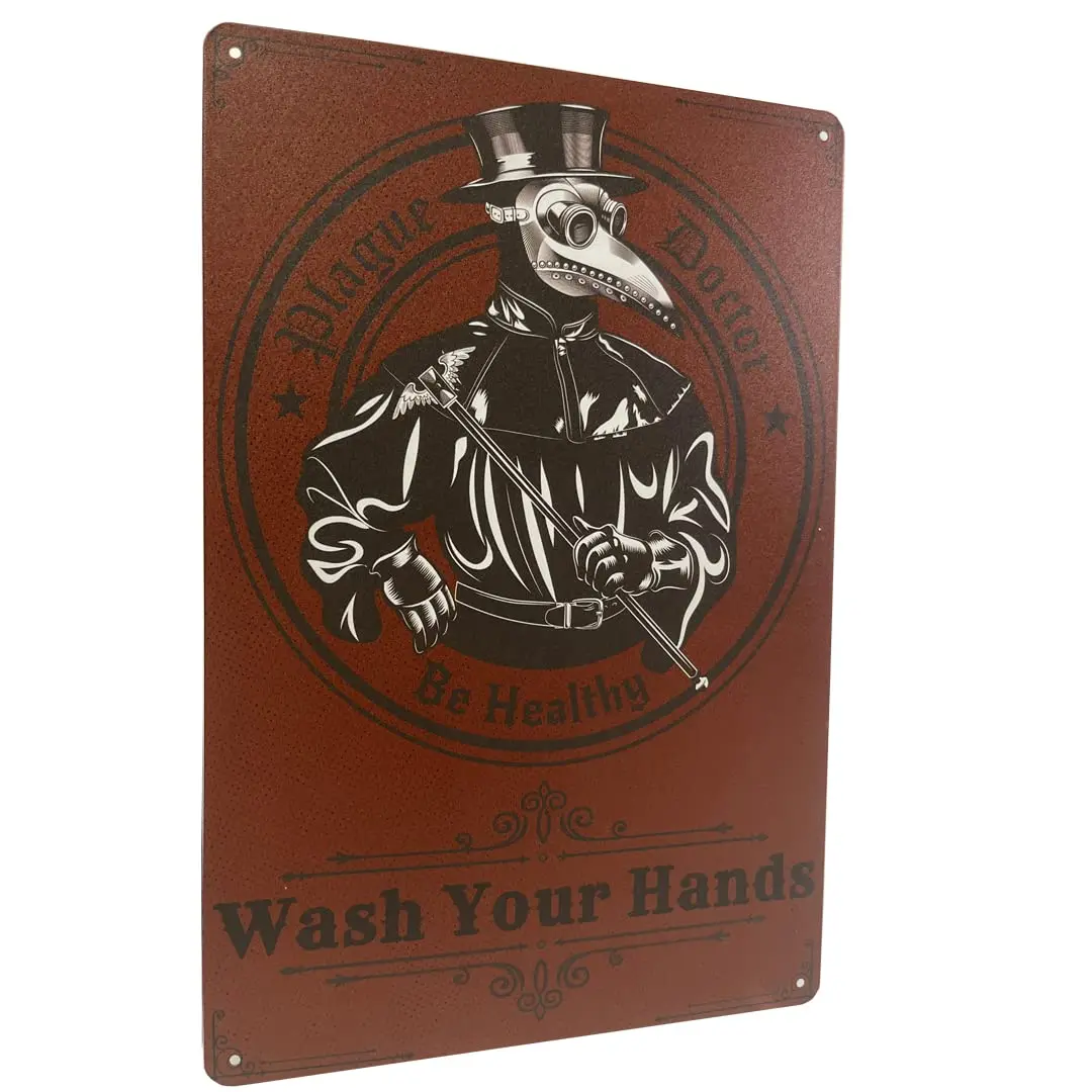 Retro Signs Wash Your Hands Plague Doctor Bathroom Decor Vintage Metal Signs for Bathroom Toilet Home Wall Decor
