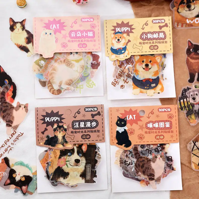 30 Blatt Niedliche Cartoon-Katzen- und Hundeaufkleber, Kawaii Haustier-Dekorationsaufkleber für Tagebuch, Scrapbook, DIY-Bastelarbeiten