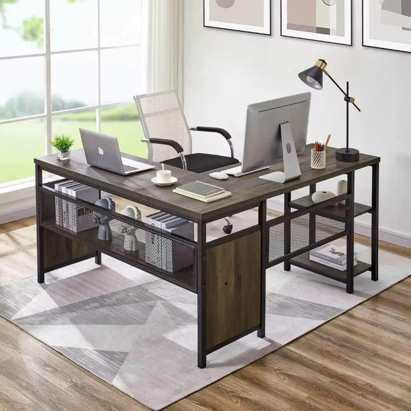 L Shaped Computer Desk, Industrial Home Office Desk with Shelves, Reversible Wood and Metal Corner Desk (Walnut Brown, 59 Inch)