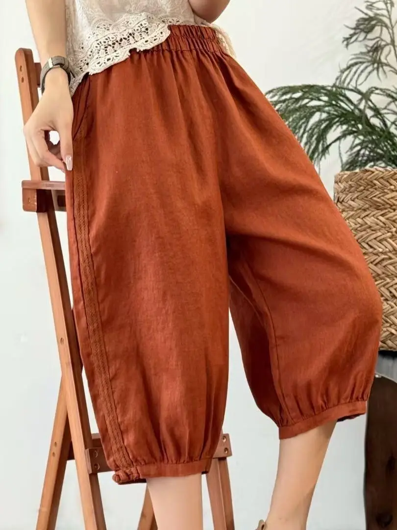 Summer Cotton Linen Casual Lantern Pants Women Simple Match Pure Color Loose Casual Large Size Retro Seven-Quarter Harlan Pants