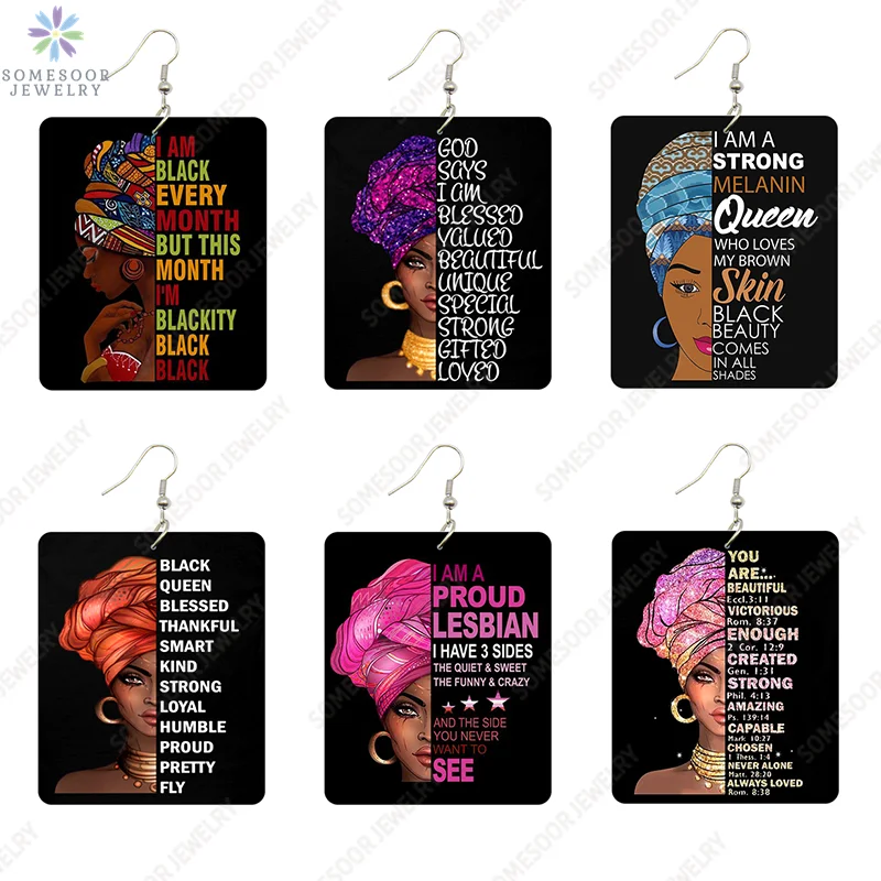 

SOMESOOR Strong Melanin Queen African Wooden Drop Earrings Black Every Month Inspired Sayings Print Women Wood Dangle Jewelry